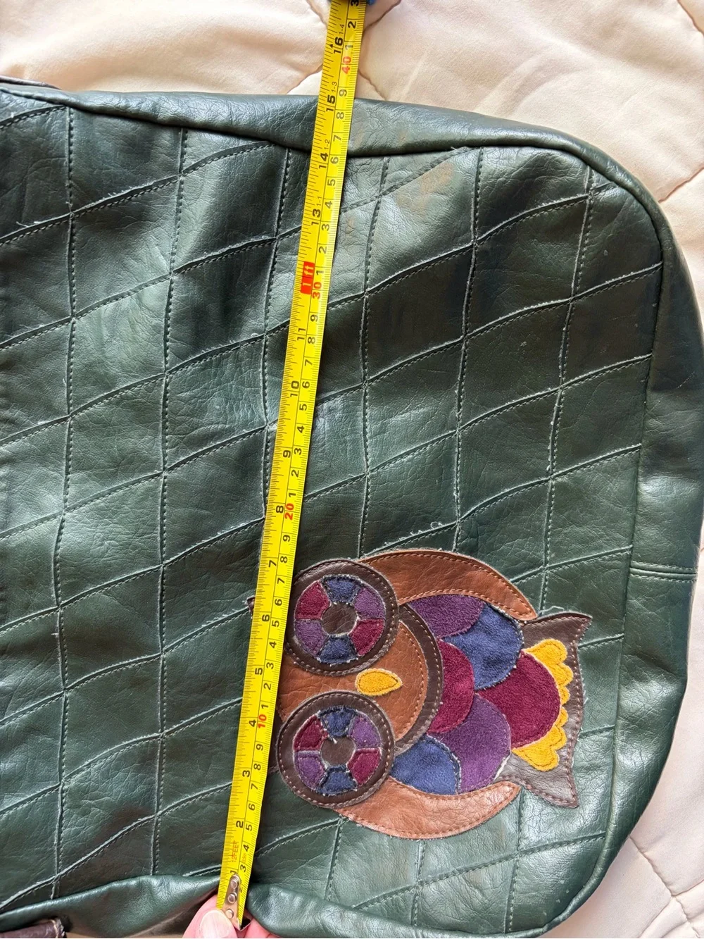 Stamp 10 Dark Green Leather Hobo Bag with Colorful Owl Appliqué